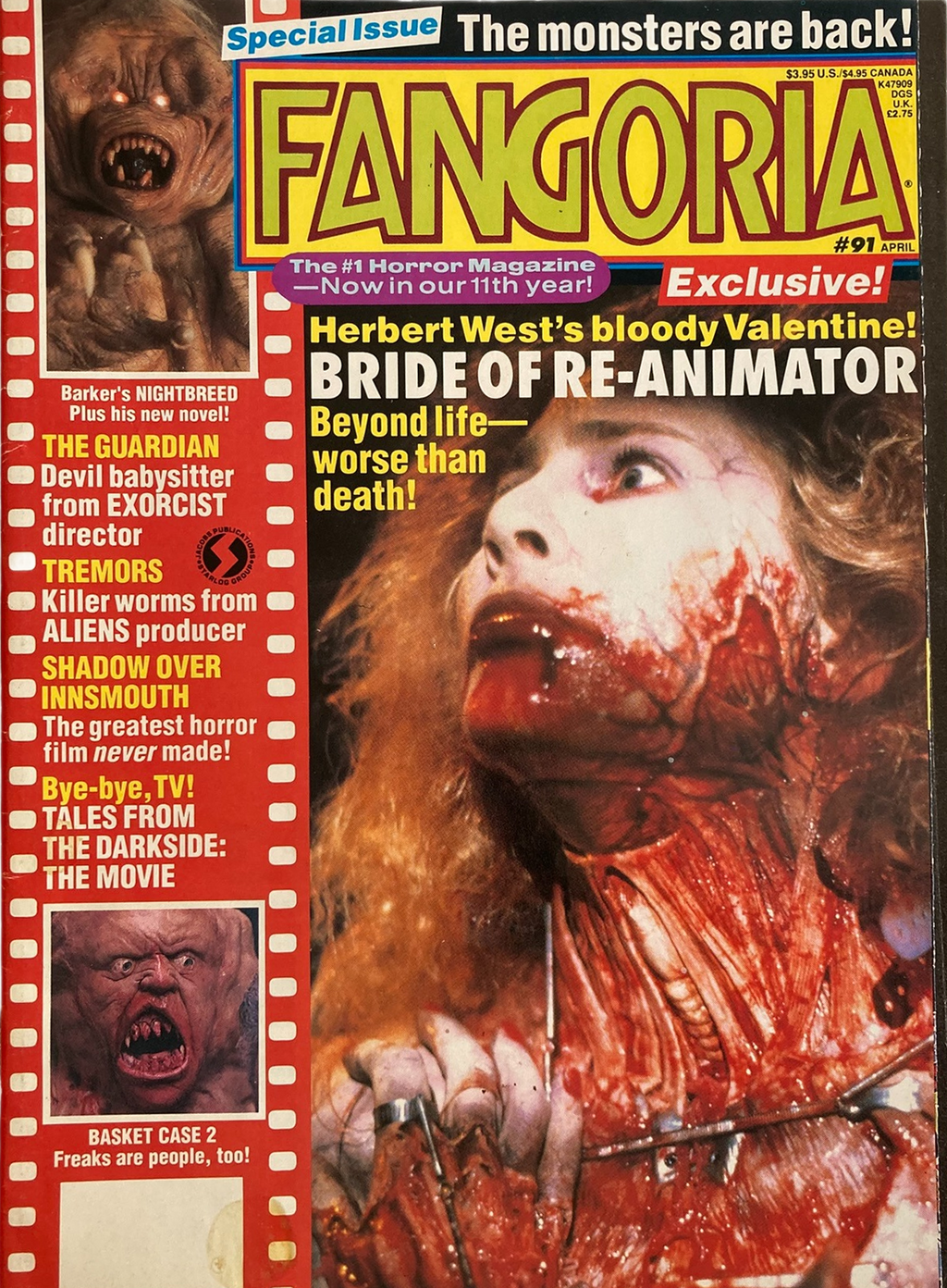 Fangoria Magazine #91 cover featuring horror film Bride of Re-Animator and monster highlights from classic cult movies.