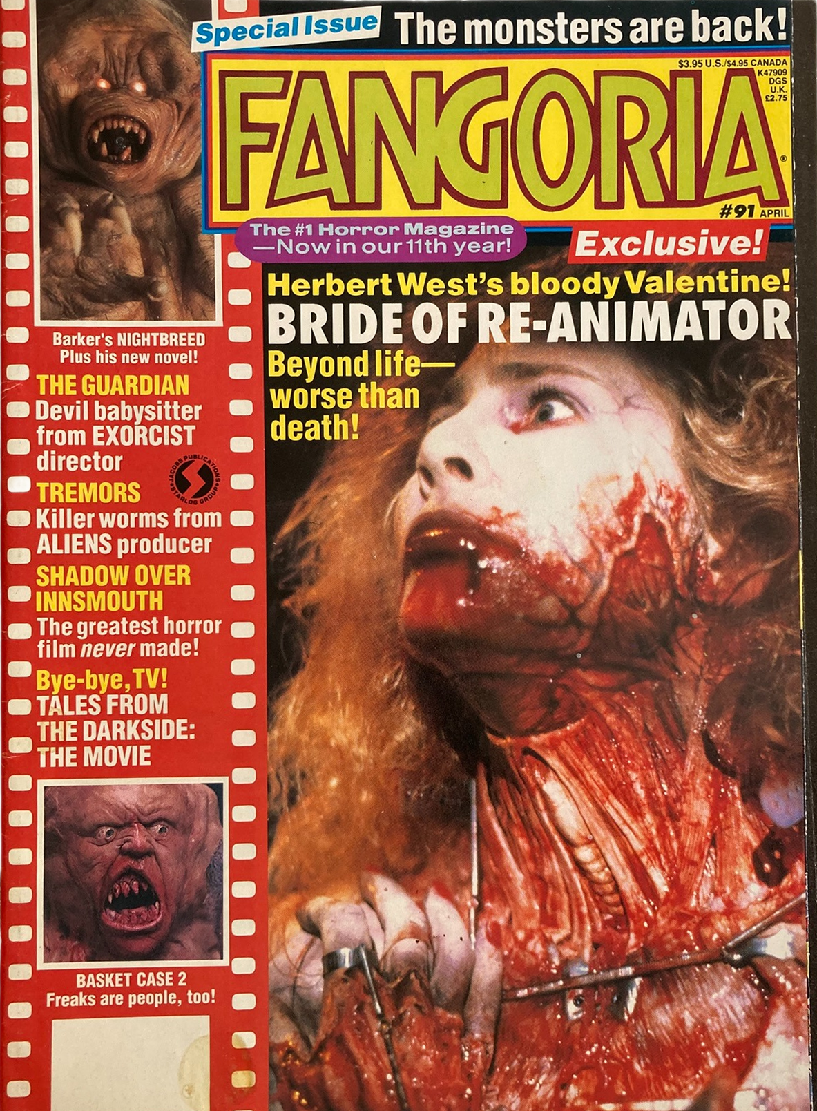 Fangoria Magazine #91 cover featuring horror film Bride of Re-Animator and monster highlights from classic cult movies.