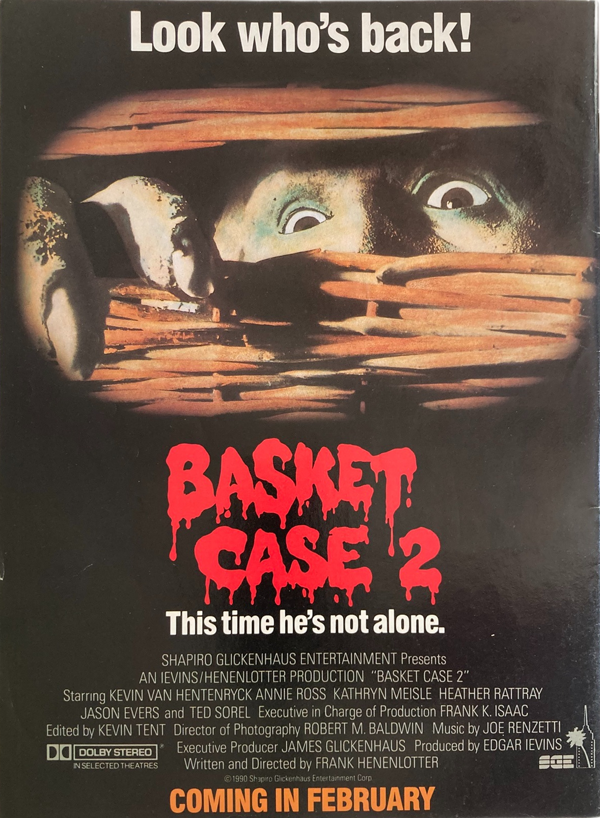 Fangoria Magazine #91 cover featuring vintage horror movie Basket Case 2 poster with eerie eyes peeking from a wicker basket