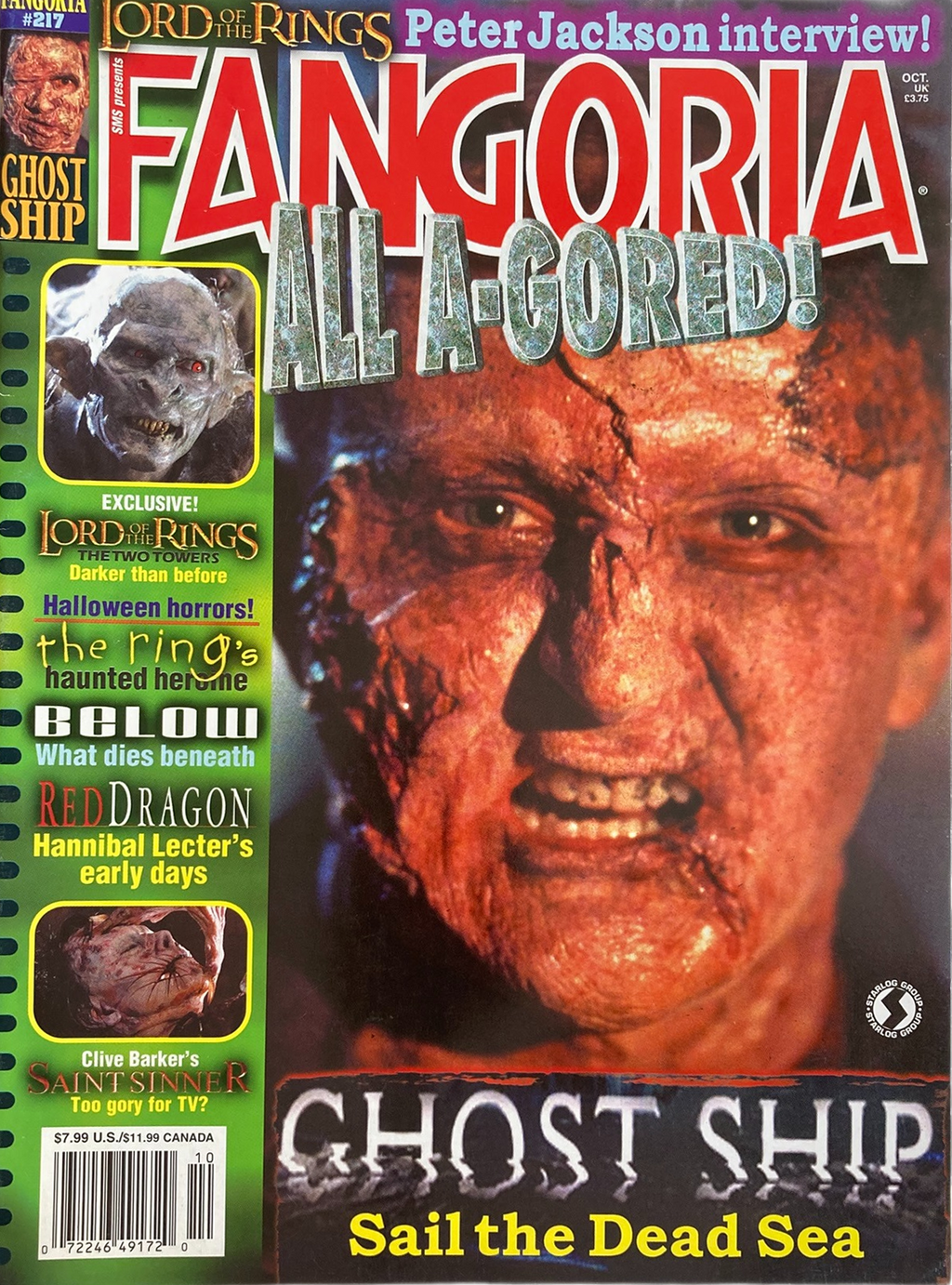 Fangoria Magazine #217 cover featuring gruesome horror makeup and promos for Ghost Ship and Lord of the Rings interviews