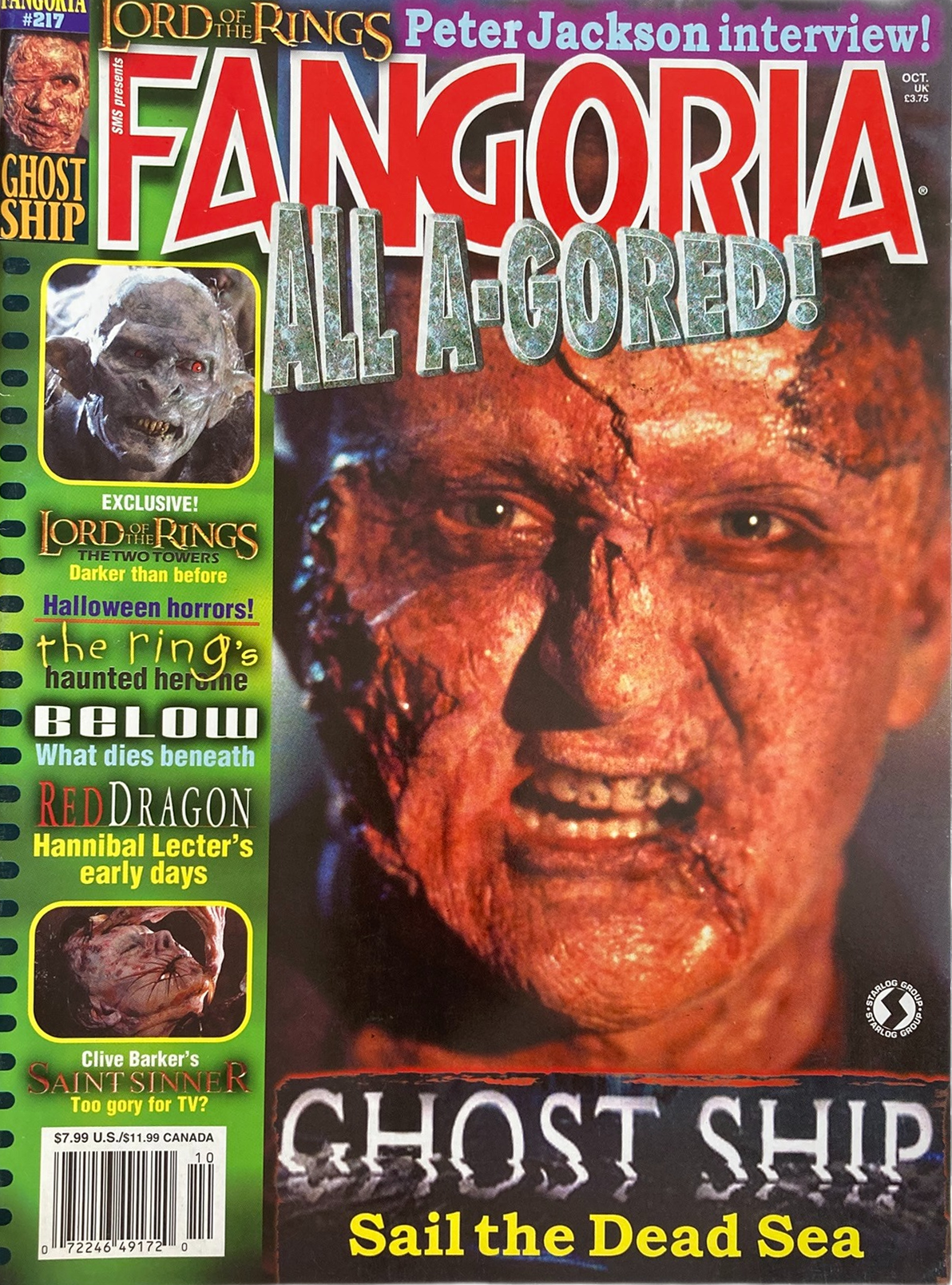 Fangoria Magazine #217 cover featuring gruesome horror makeup and promos for Ghost Ship and Lord of the Rings interviews