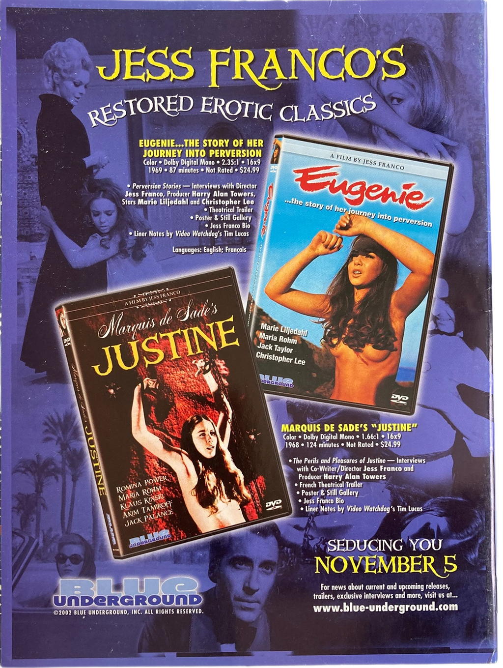 Fangoria Magazine #217 back cover featuring vintage grindhouse DVD releases of erotic classic films by Jess Franco.
