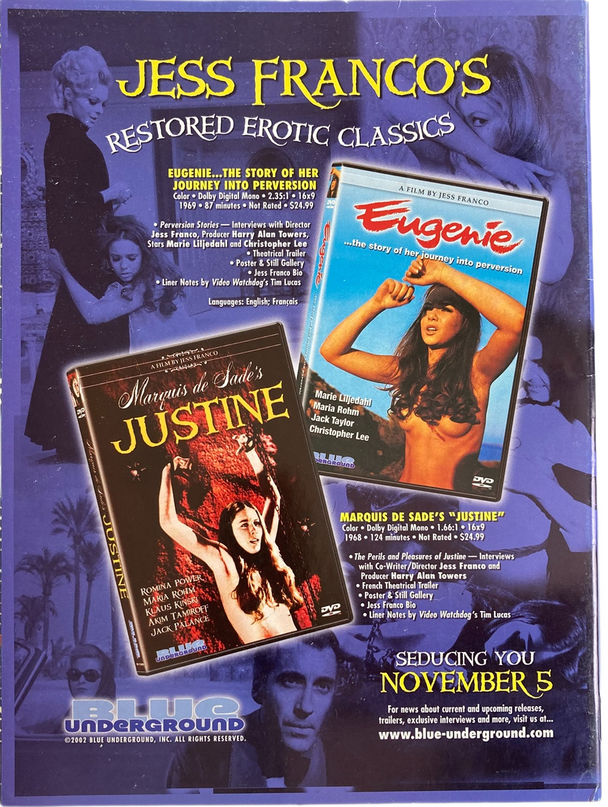 Fangoria Magazine #217 back cover featuring vintage grindhouse DVD releases of erotic classic films by Jess Franco.