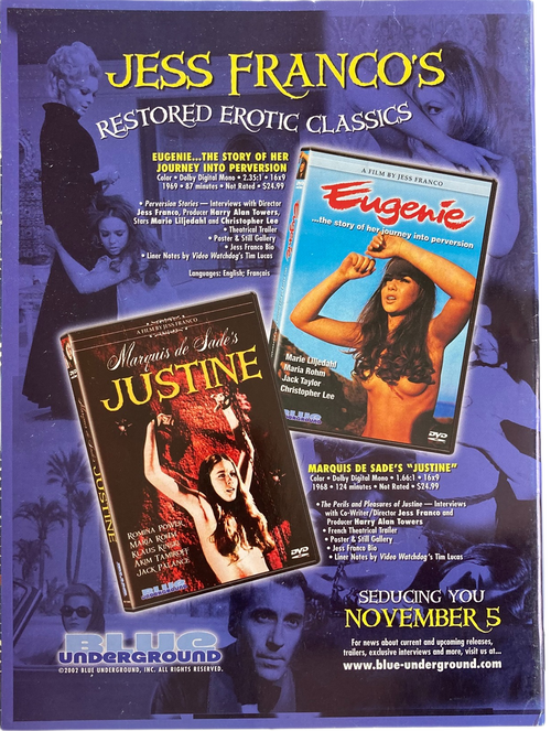 Fangoria Magazine #217 back cover featuring vintage grindhouse DVD releases of erotic classic films by Jess Franco.