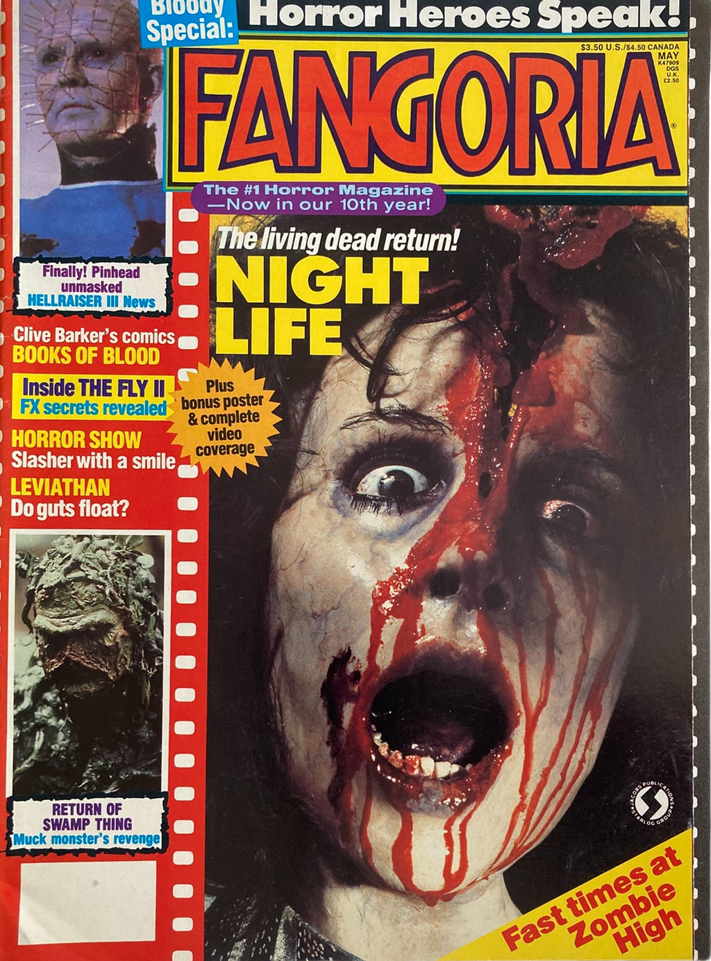 Fangoria Magazine #82 cover featuring a bloodied screaming zombie with horror movie headlines and retro design elements