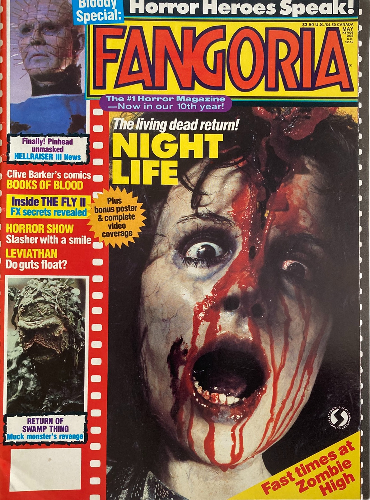 Fangoria Magazine #82 cover featuring a bloodied screaming zombie with horror movie headlines and retro design elements