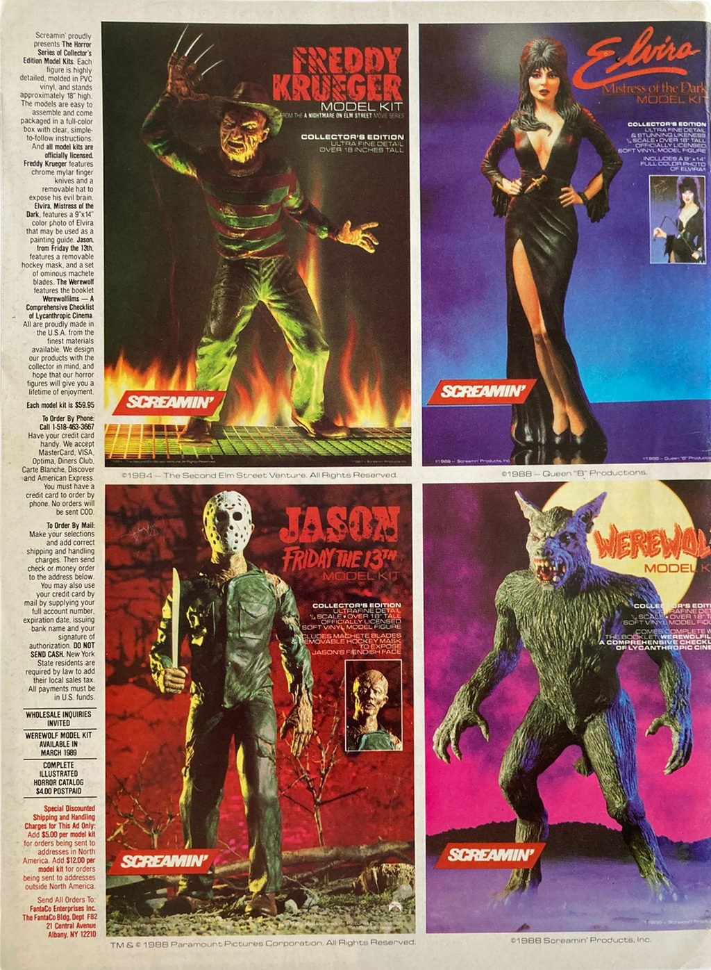 Fangoria Magazine #82 page showing horror model kits including Freddy Krueger, Elvira, Jason, and Werewolf figures.