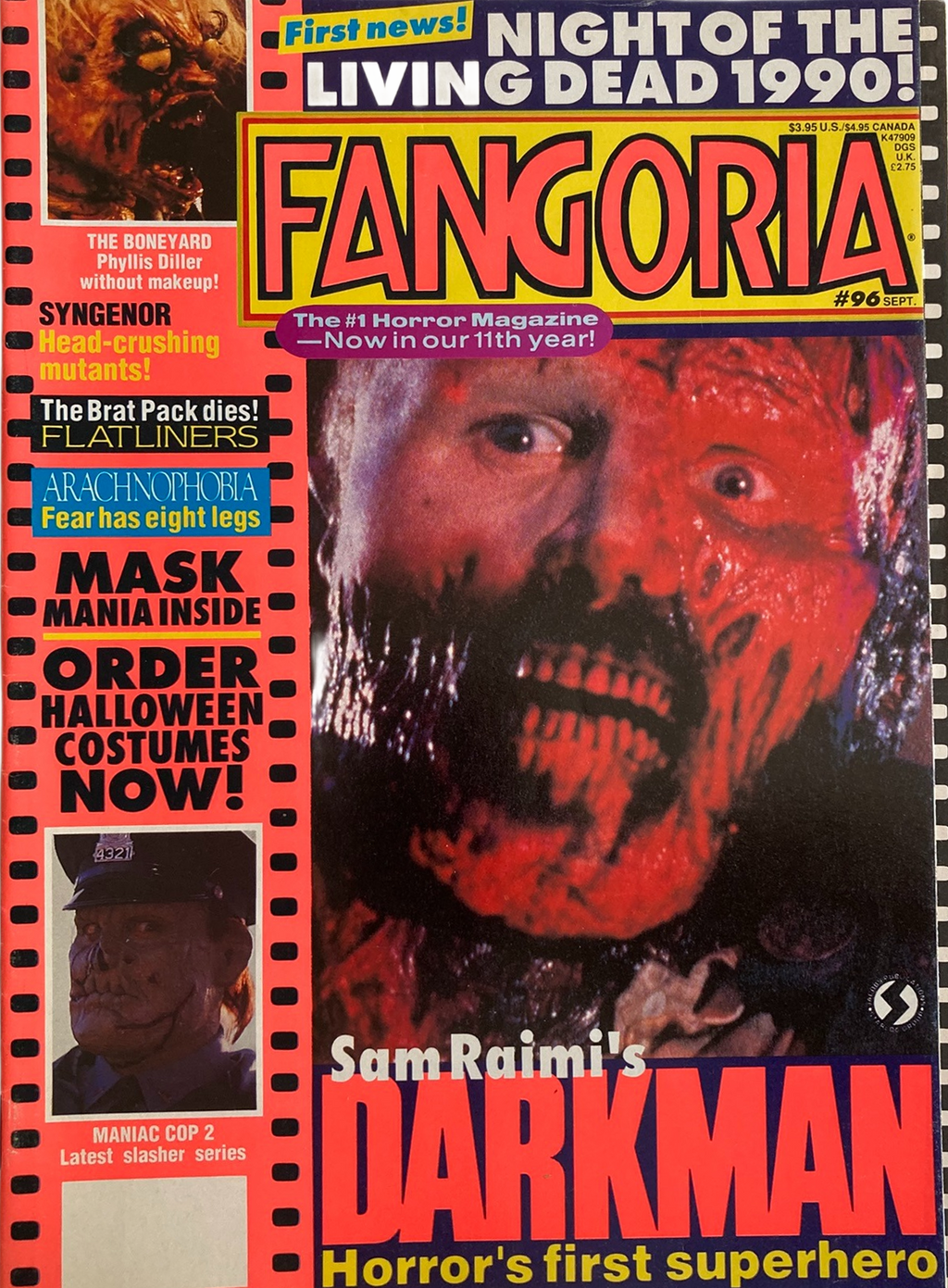Fangoria Magazine #96 cover featuring Sam Raimi’s Darkman with horror film news and Halloween costume ads