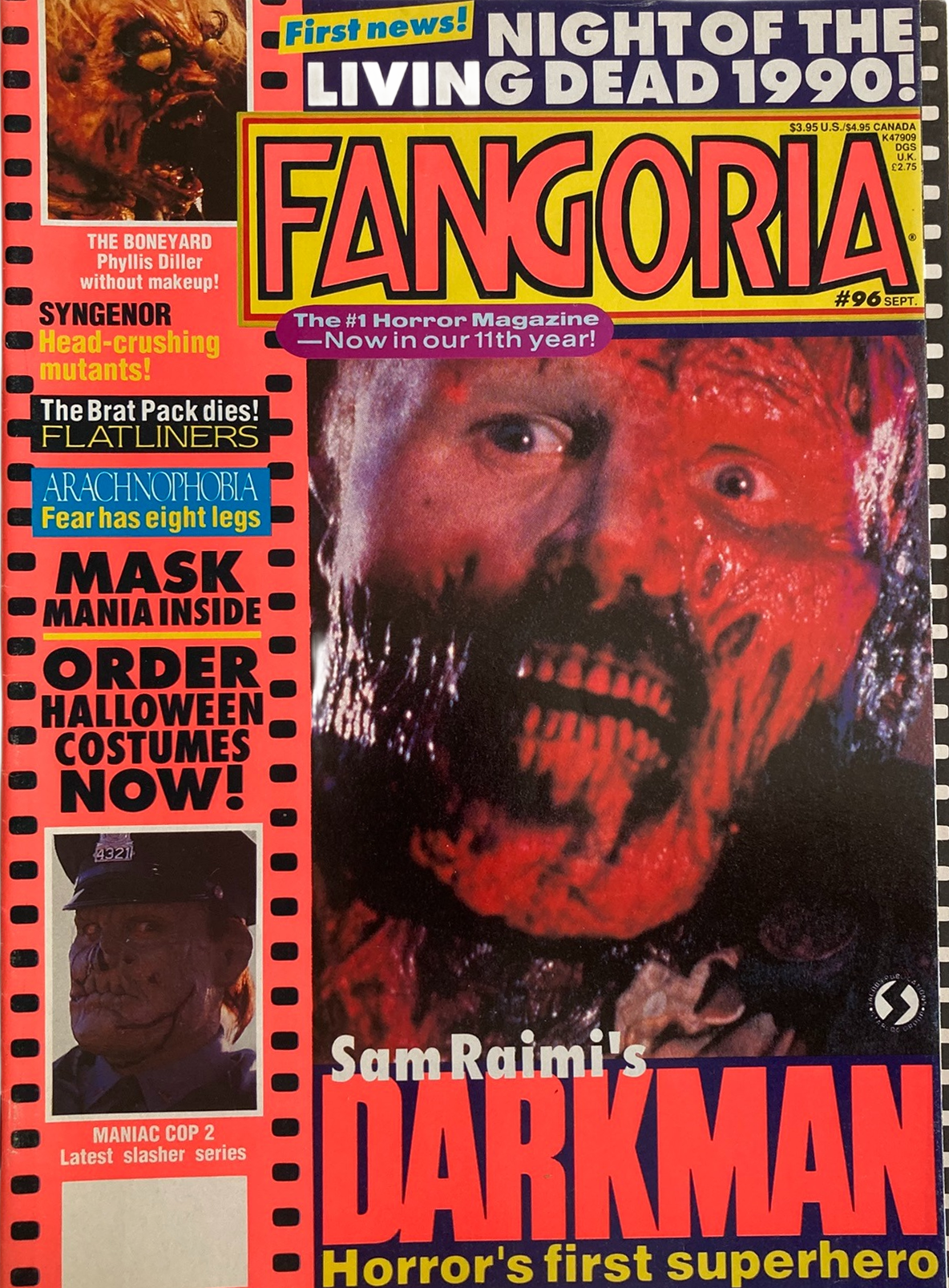Fangoria Magazine #96 cover featuring Sam Raimi’s Darkman with horror film news and Halloween costume ads
