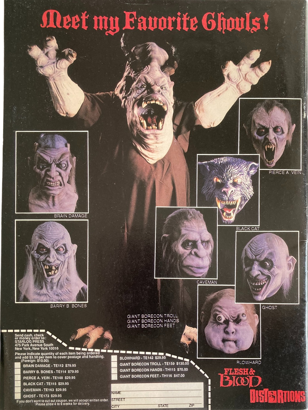 Back cover of Fangoria Magazine #96 featuring classic horror masks including giant troll, caveman, and sinister ghouls.