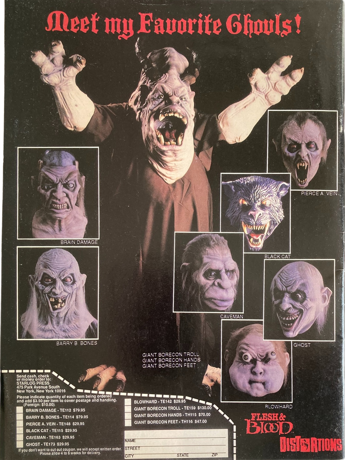 Back cover of Fangoria Magazine #96 featuring classic horror masks including giant troll, caveman, and sinister ghouls.