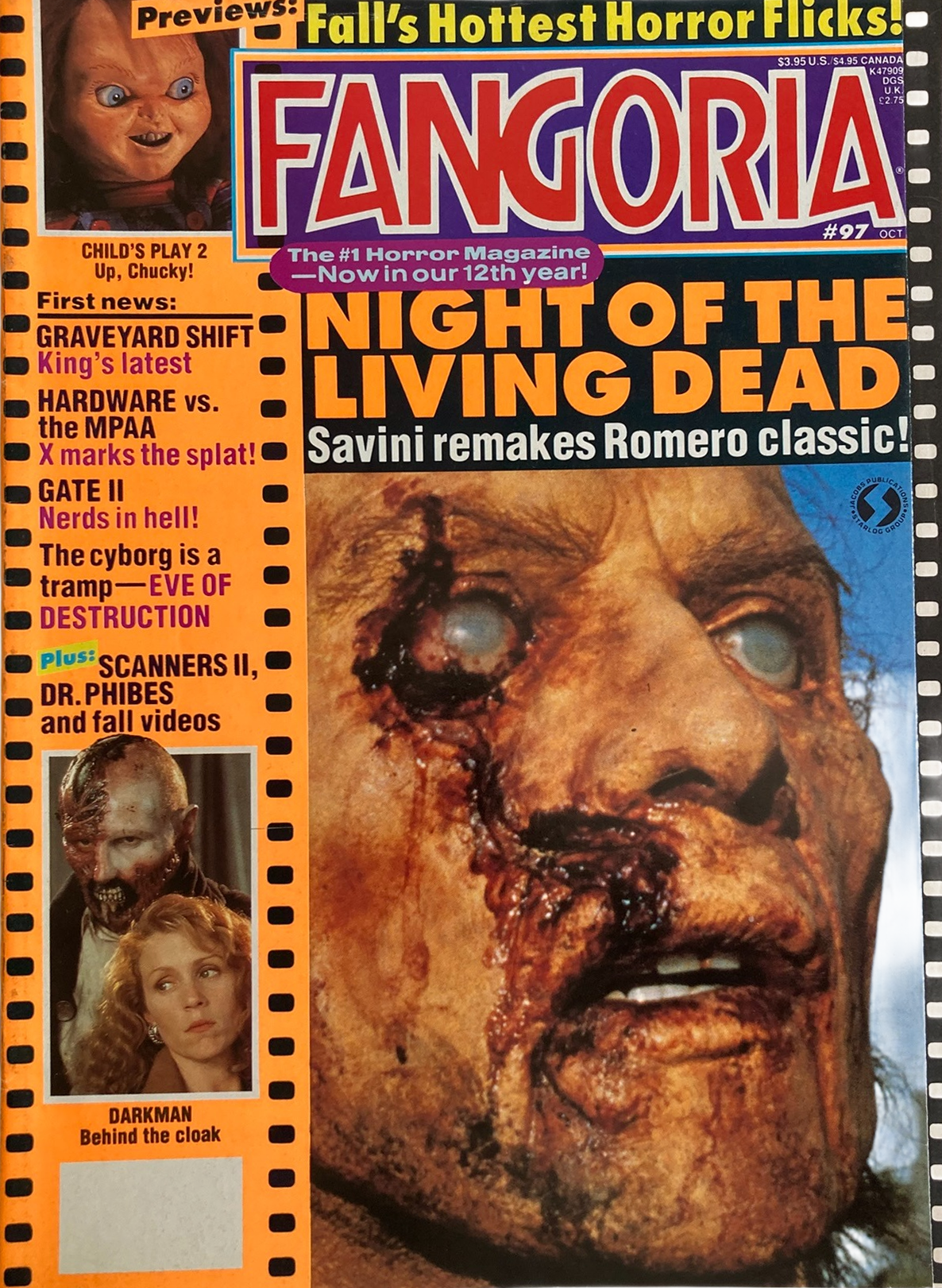 Fangoria Magazine #97 cover featuring horror film previews including Night of the Living Dead remake and Child’s Play 2.
