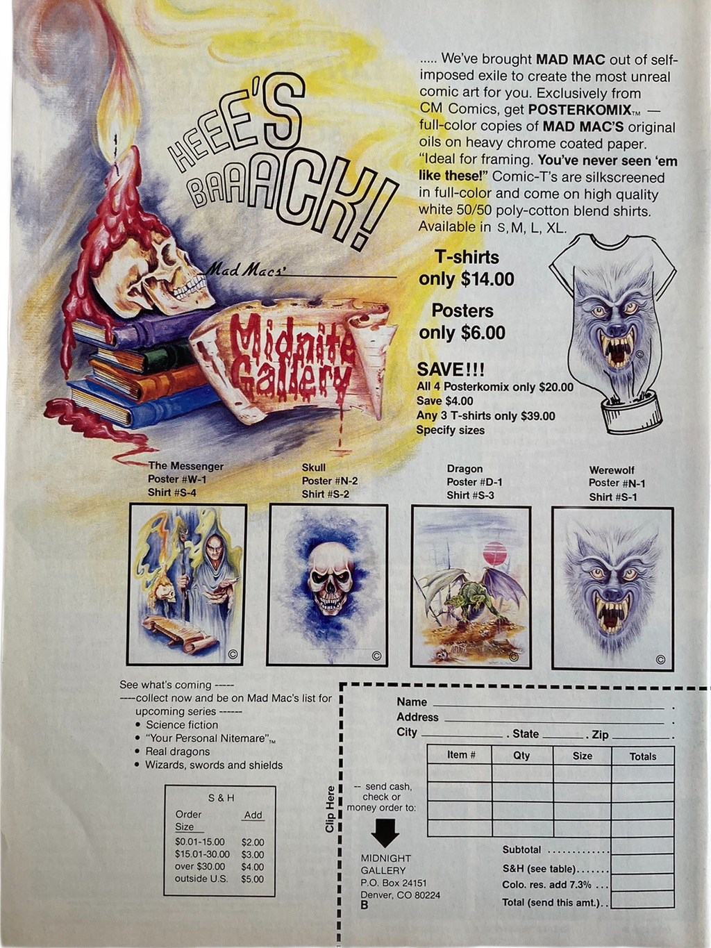 Vintage comic art advertisement for Mad Mac's posters and shirts featured in Fangoria Magazine #84 with fantasy and horror themes.