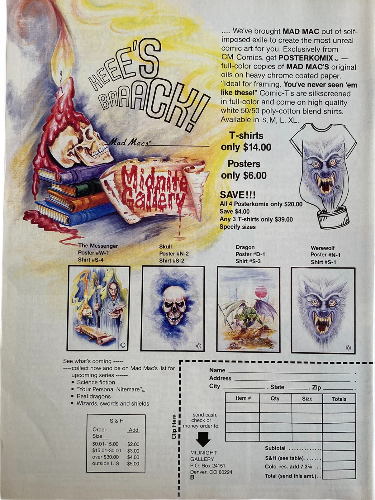 Vintage comic art advertisement for Mad Mac's posters and shirts featured in Fangoria Magazine #84 with fantasy and horror themes.