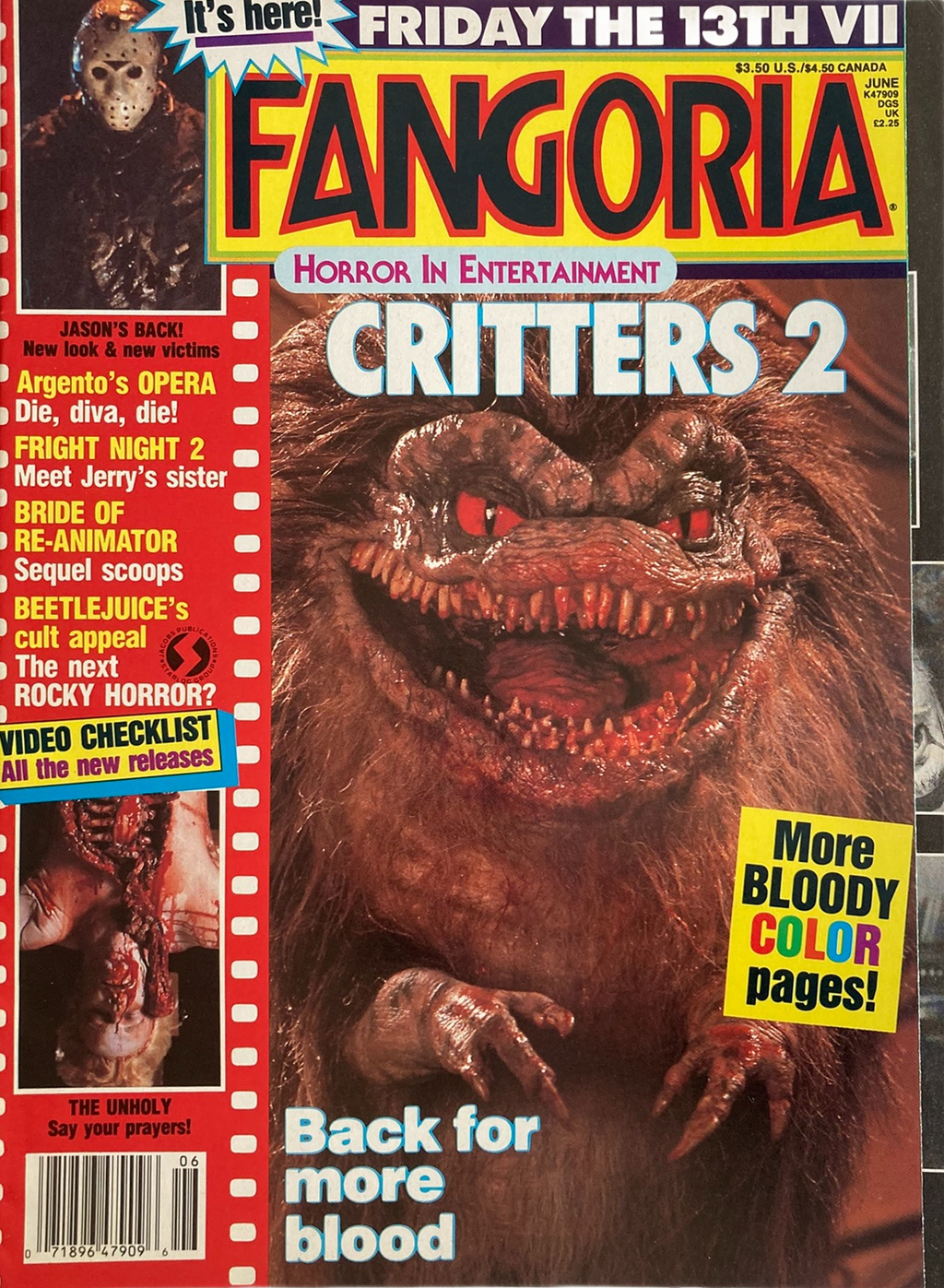 Fangoria Magazine #74 cover featuring Critters 2 creature with horror film titles and vintage grindhouse style design elements