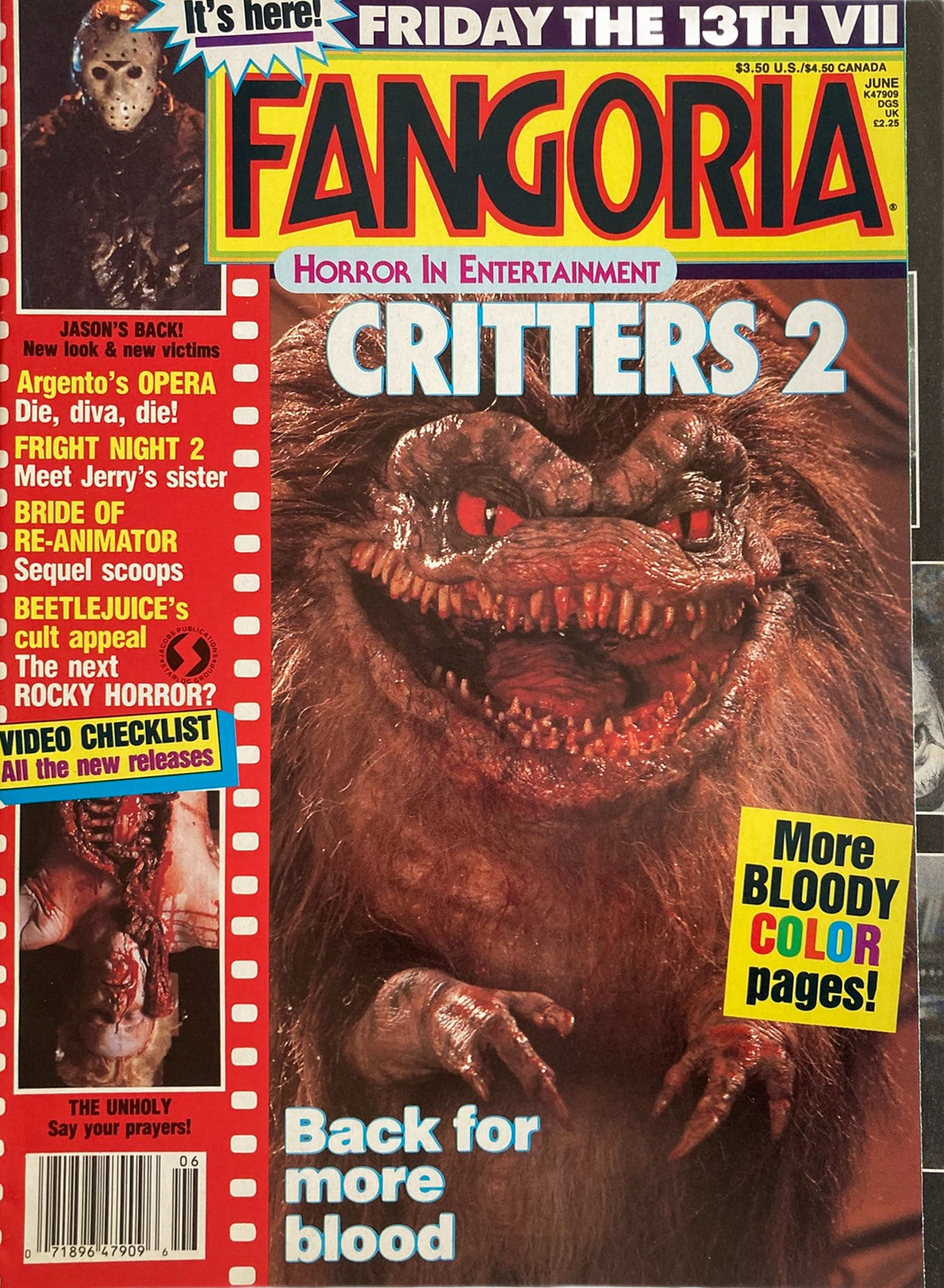 Fangoria Magazine #74 cover featuring Critters 2 creature with horror film titles and vintage grindhouse style design elements