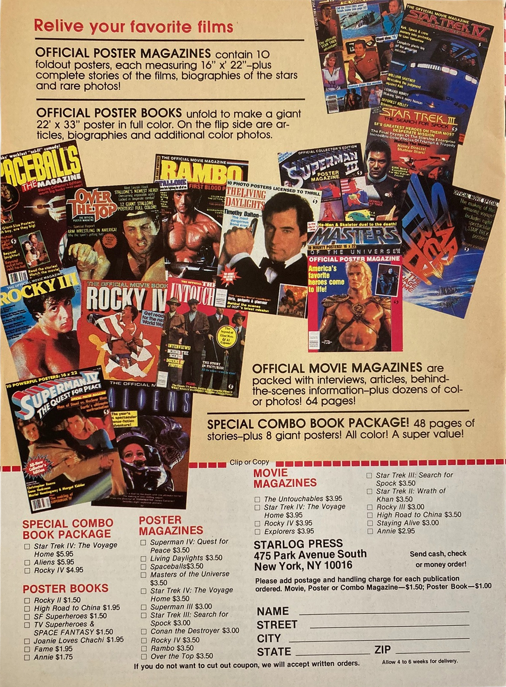 Fangoria Magazine #74 page showing various vintage movie and poster magazines with colorful film cover art and promotional text