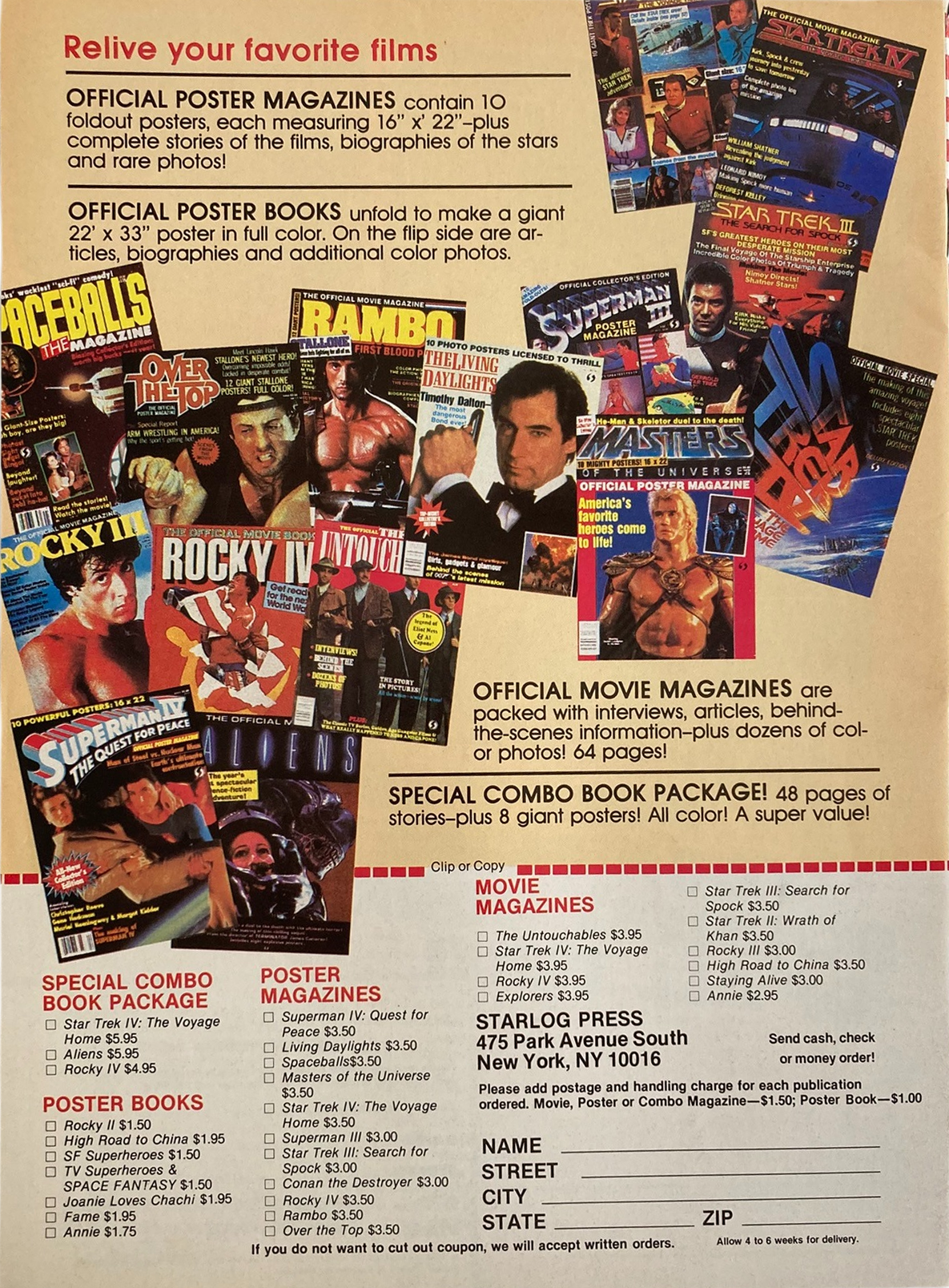 Fangoria Magazine #74 page showing various vintage movie and poster magazines with colorful film cover art and promotional text