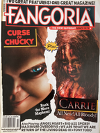 Fangoria Magazine #327 cover featuring Curse of Chucky and a bloody Carrie promoting horror film features and reviews