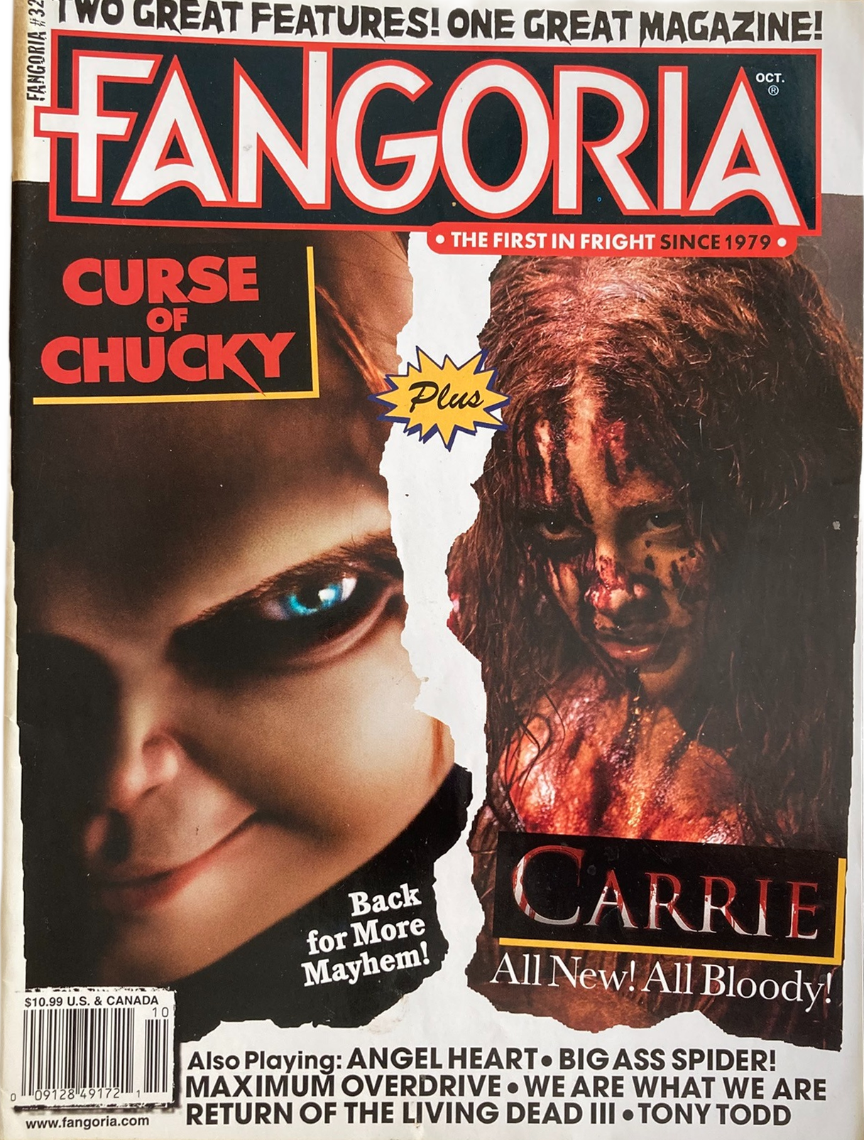 Fangoria Magazine #327 cover featuring Curse of Chucky and a bloody Carrie promoting horror film features and reviews