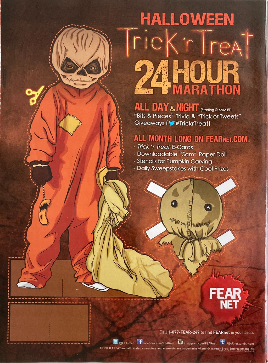 Fangoria Magazine #327 cover with Halloween Trick 'r Treat 24-hour marathon promotion and vintage horror character art