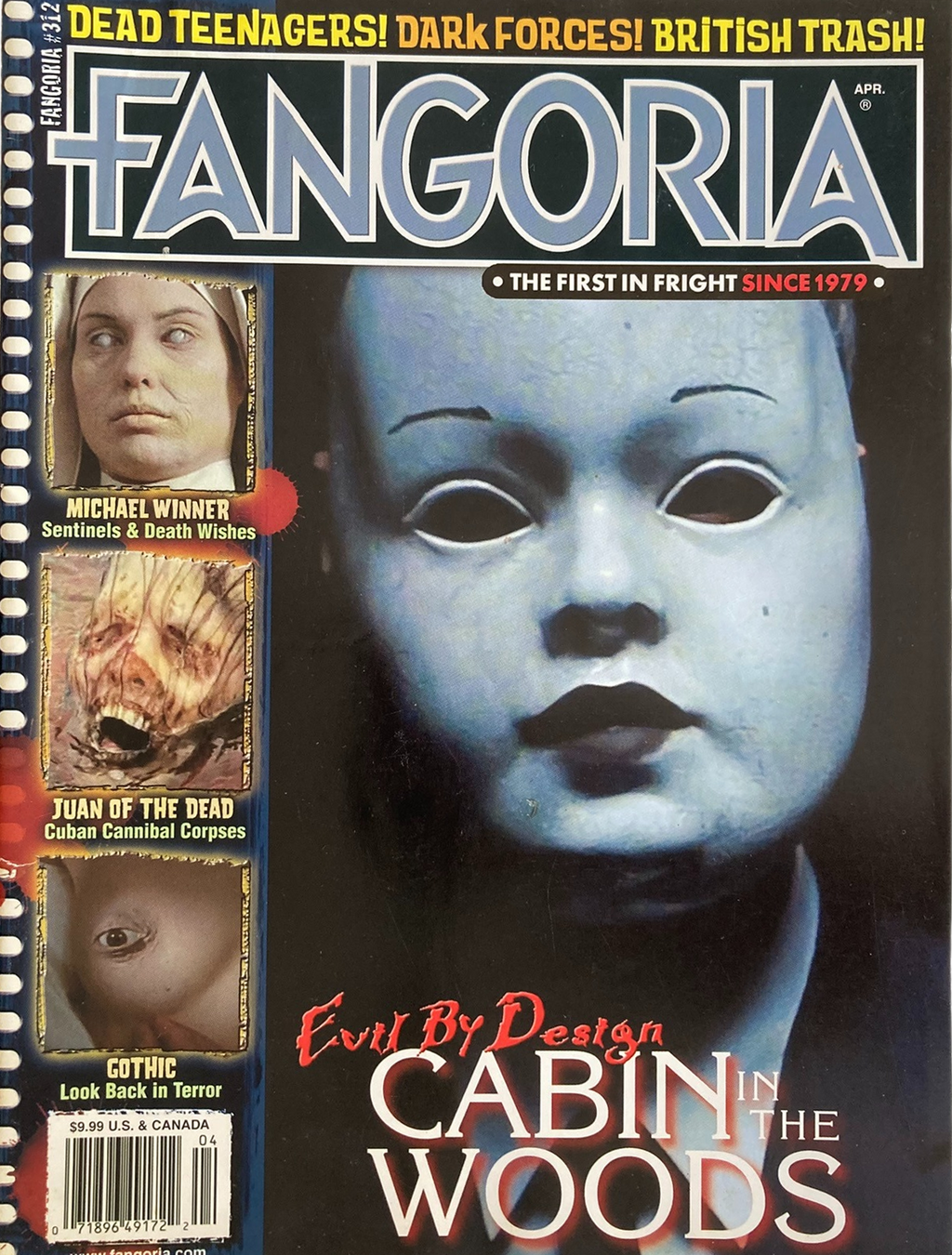 Fangoria Magazine #312 cover featuring a haunting doll face with horror film titles and feature highlights from April issue