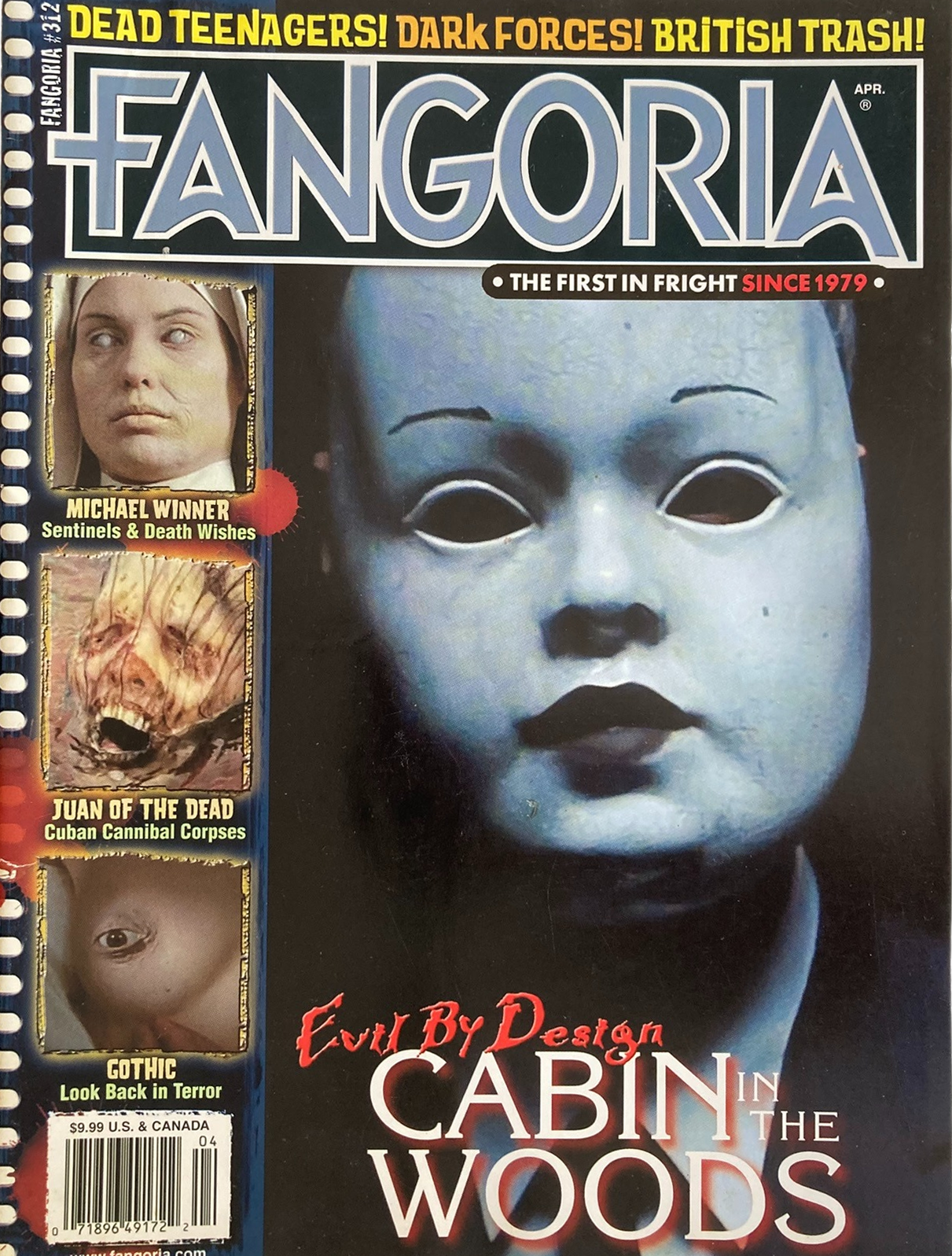 Fangoria Magazine #312 cover featuring a haunting doll face with horror film titles and feature highlights from April issue