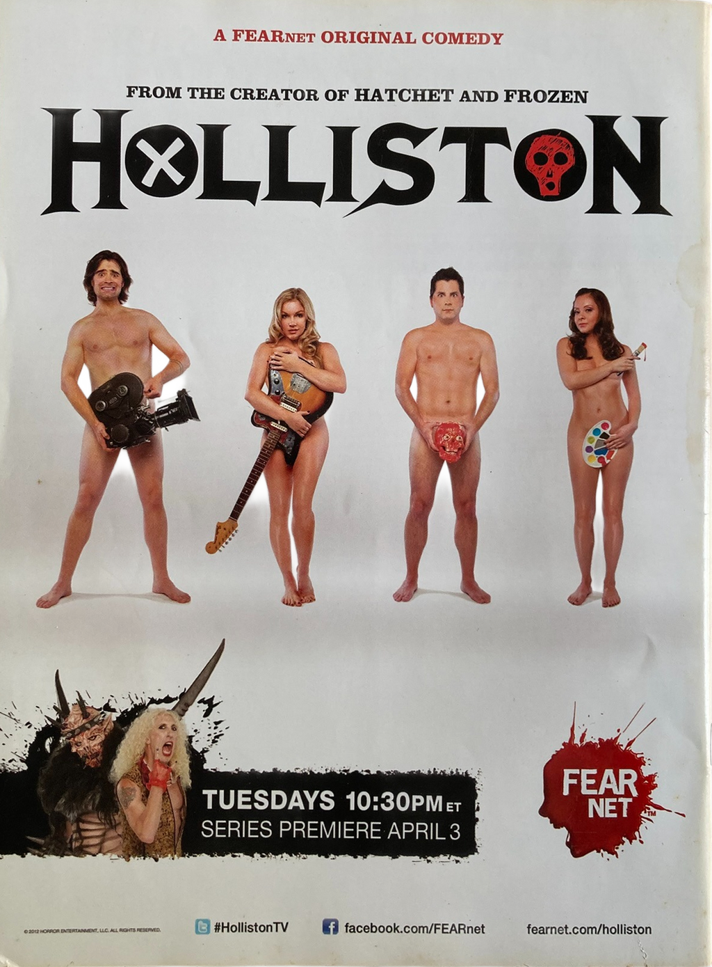 Back cover of Fangoria Magazine #312 promoting Holliston comedy series premiere with cast posing nude holding props.