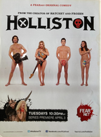 Back cover of Fangoria Magazine #312 promoting Holliston comedy series premiere with cast posing nude holding props.