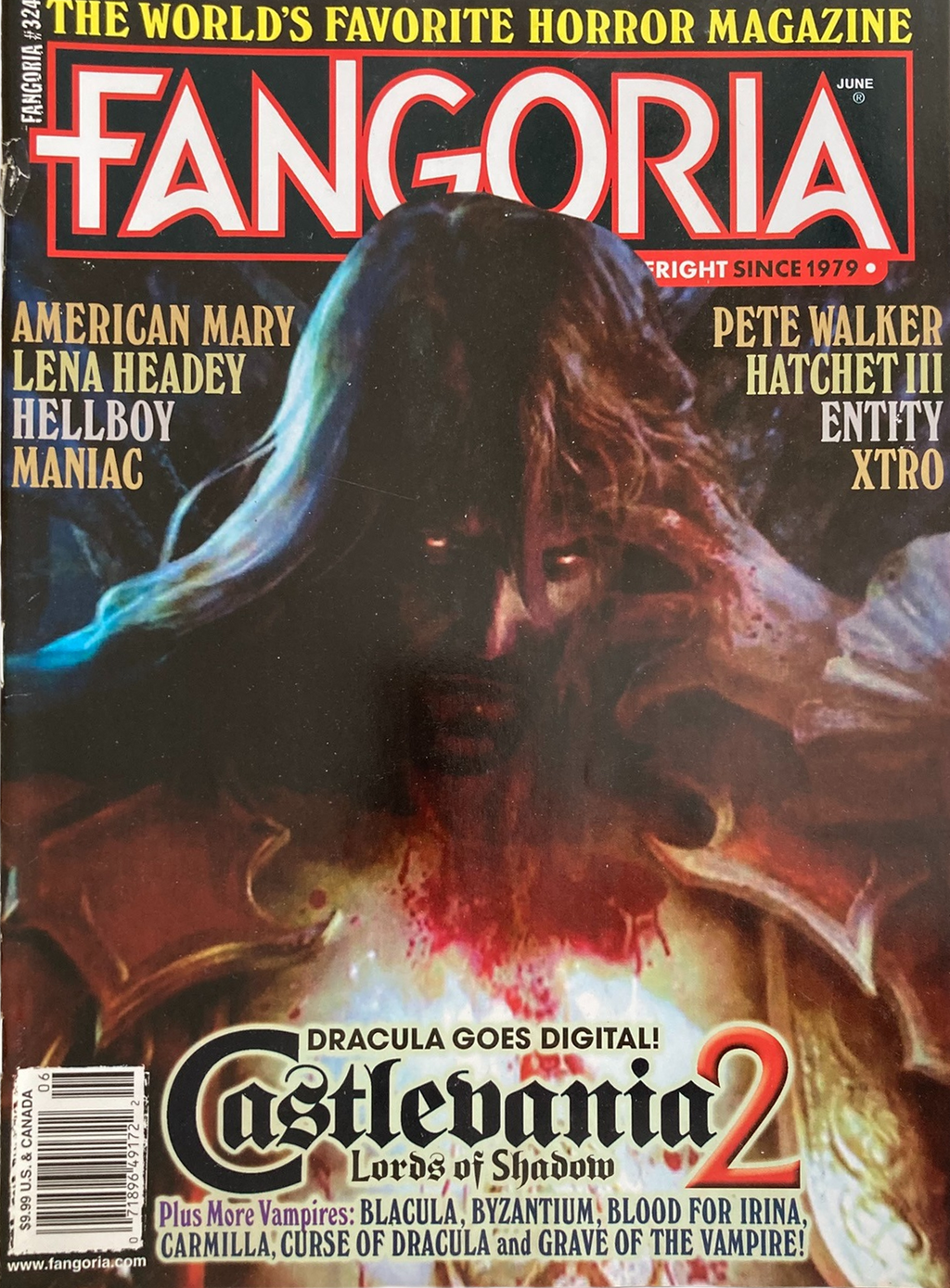Fangoria Magazine #324 cover featuring dark vampire imagery and horror film titles including Castlevania Lords of Shadow 2.