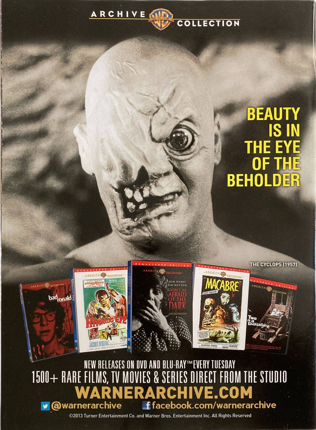 Back cover of Fangoria Magazine #324 featuring Warner Archive horror film ad with cyclops creature and classic movie covers