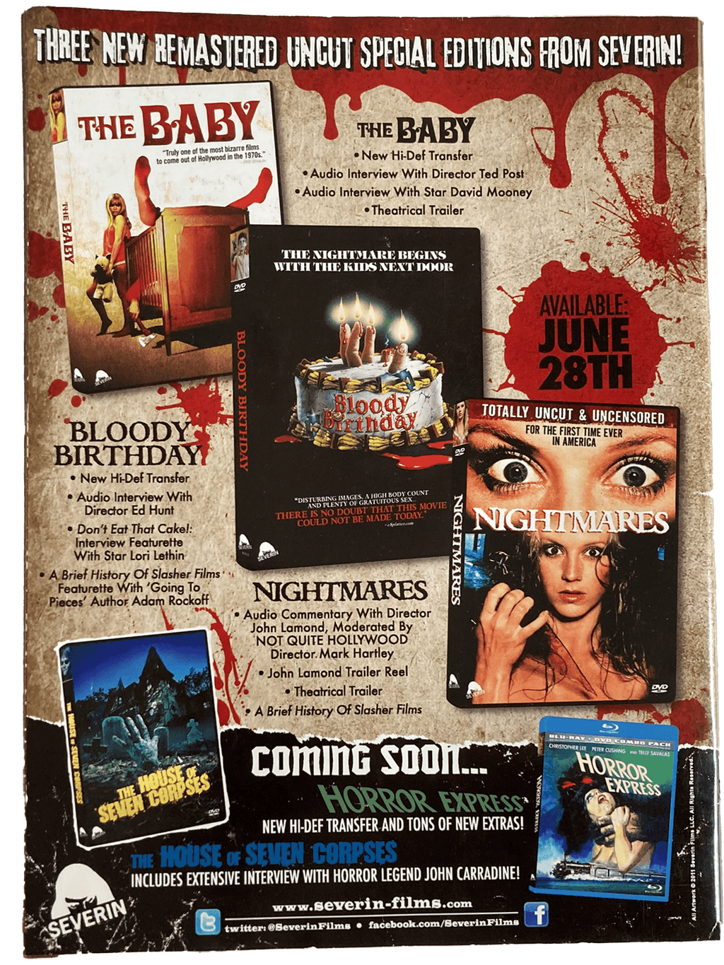 Fangoria Magazine #305 page showcasing Severin’s remastered horror DVDs with vintage grindhouse style and blood splatter accents