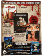Fangoria Magazine #305 page showcasing Severin’s remastered horror DVDs with vintage grindhouse style and blood splatter accents