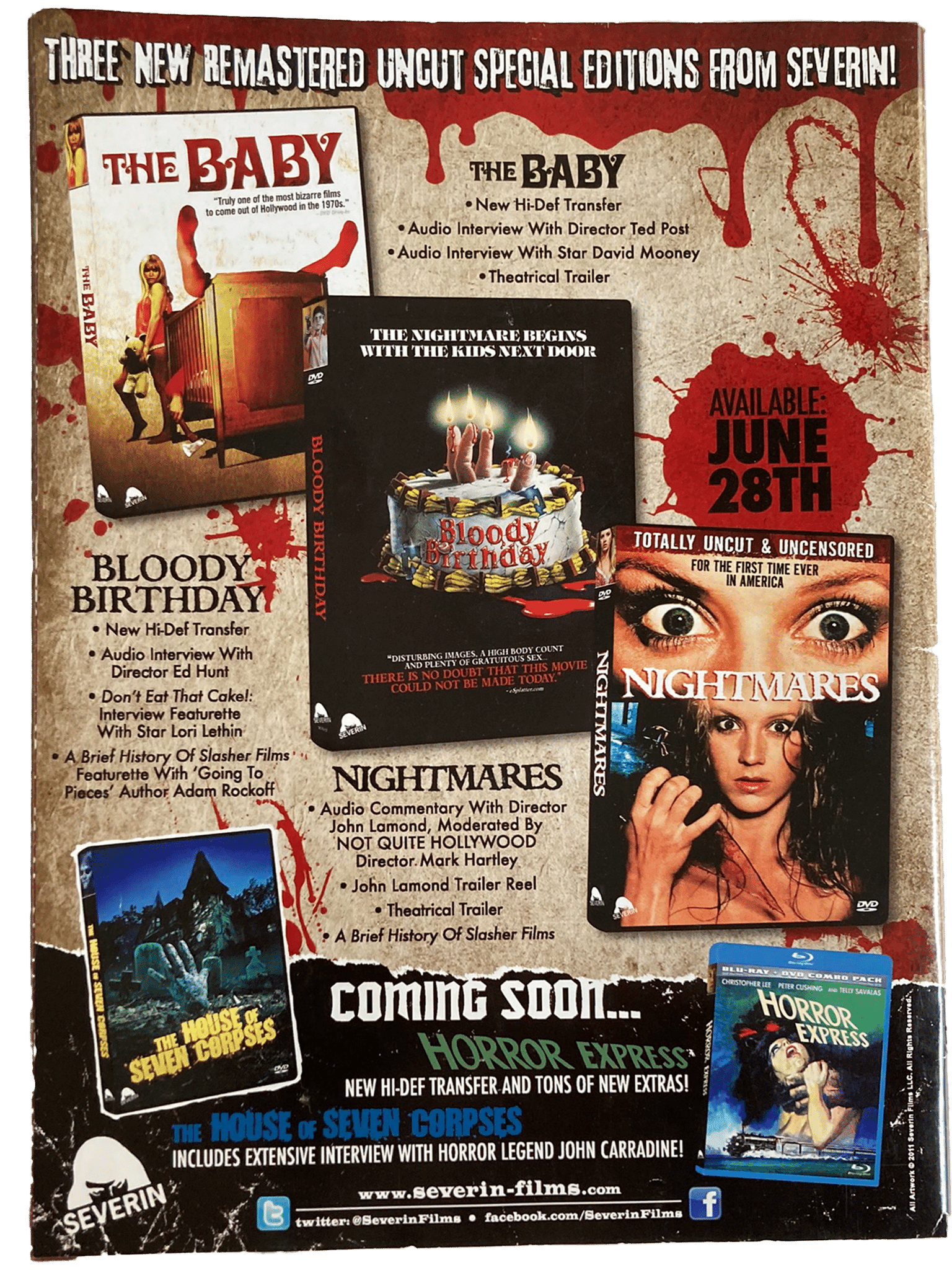 Fangoria Magazine #305 page showcasing Severin’s remastered horror DVDs with vintage grindhouse style and blood splatter accents