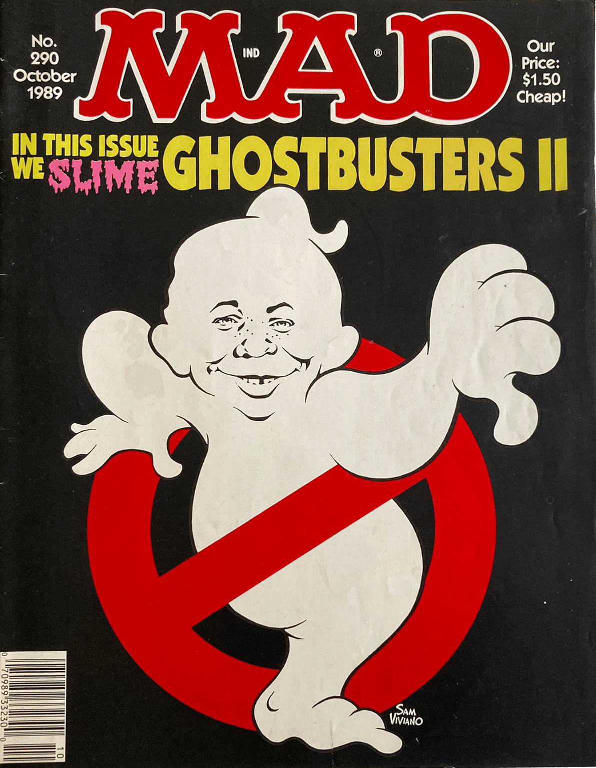 Mad Magazine October 1989 cover parodying Ghostbusters II with a playful ghost and bold yellow and red text on black.