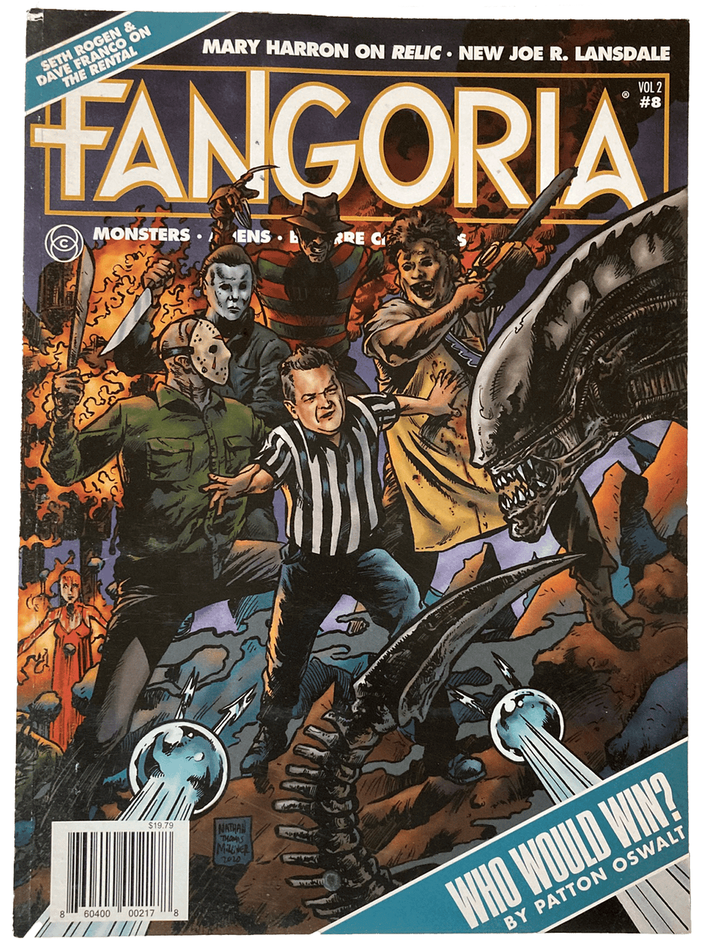 Fangoria Vol. 2 #8 magazine cover featuring classic horror icons in a dramatic vintage grindhouse style scene