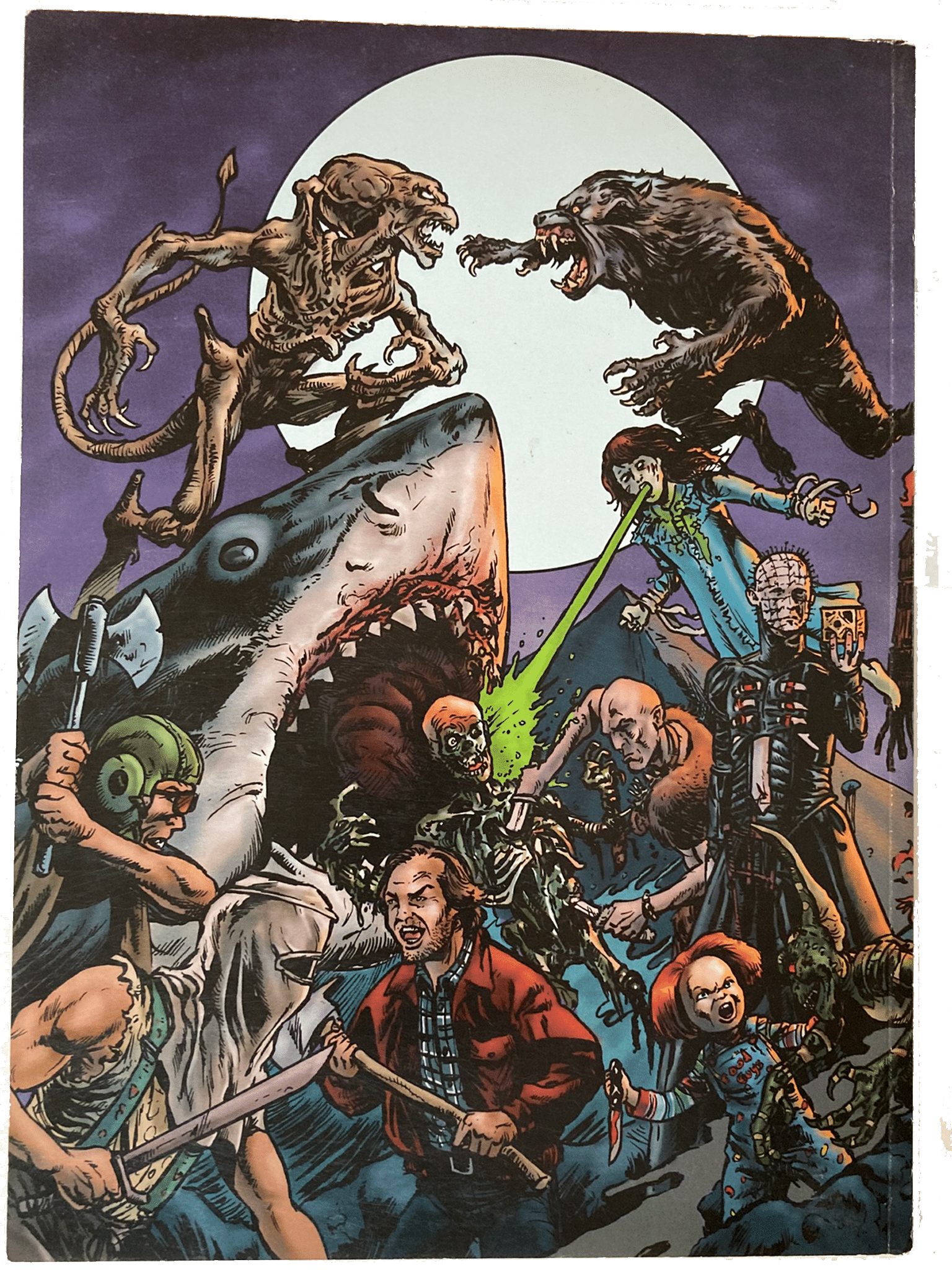 Fangoria Vol. 2 #8 cover with horror icons battling under a full moon in vintage grindhouse comic style.