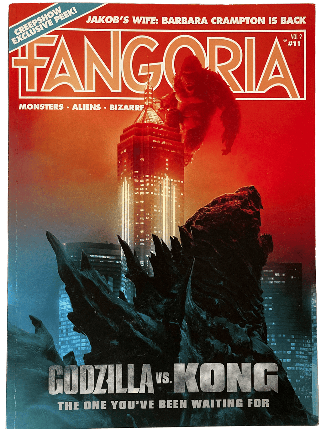 Fangoria Vol. 2 #11 magazine cover featuring Godzilla and Kong battle scene with cityscape and red-orange sky backdrop