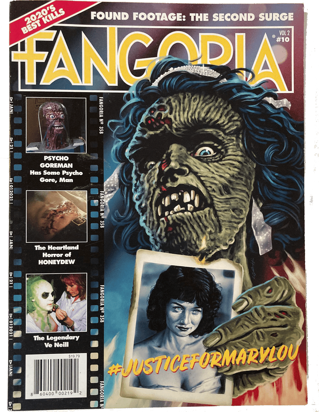 Fangoria Vol. 2 #10 cover featuring a decayed zombie bride holding a photo with horror film excerpts and vintage grindhouse style.