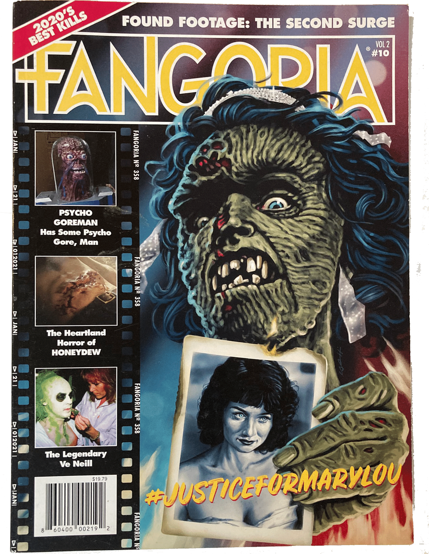 Fangoria Vol. 2 #10 cover featuring a decayed zombie bride holding a photo with horror film excerpts and vintage grindhouse style.