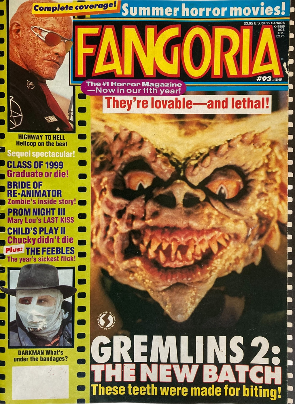 Fangoria Magazine #93 cover featuring Gremlins 2 creature with horror movie headlines and vintage grindhouse style
