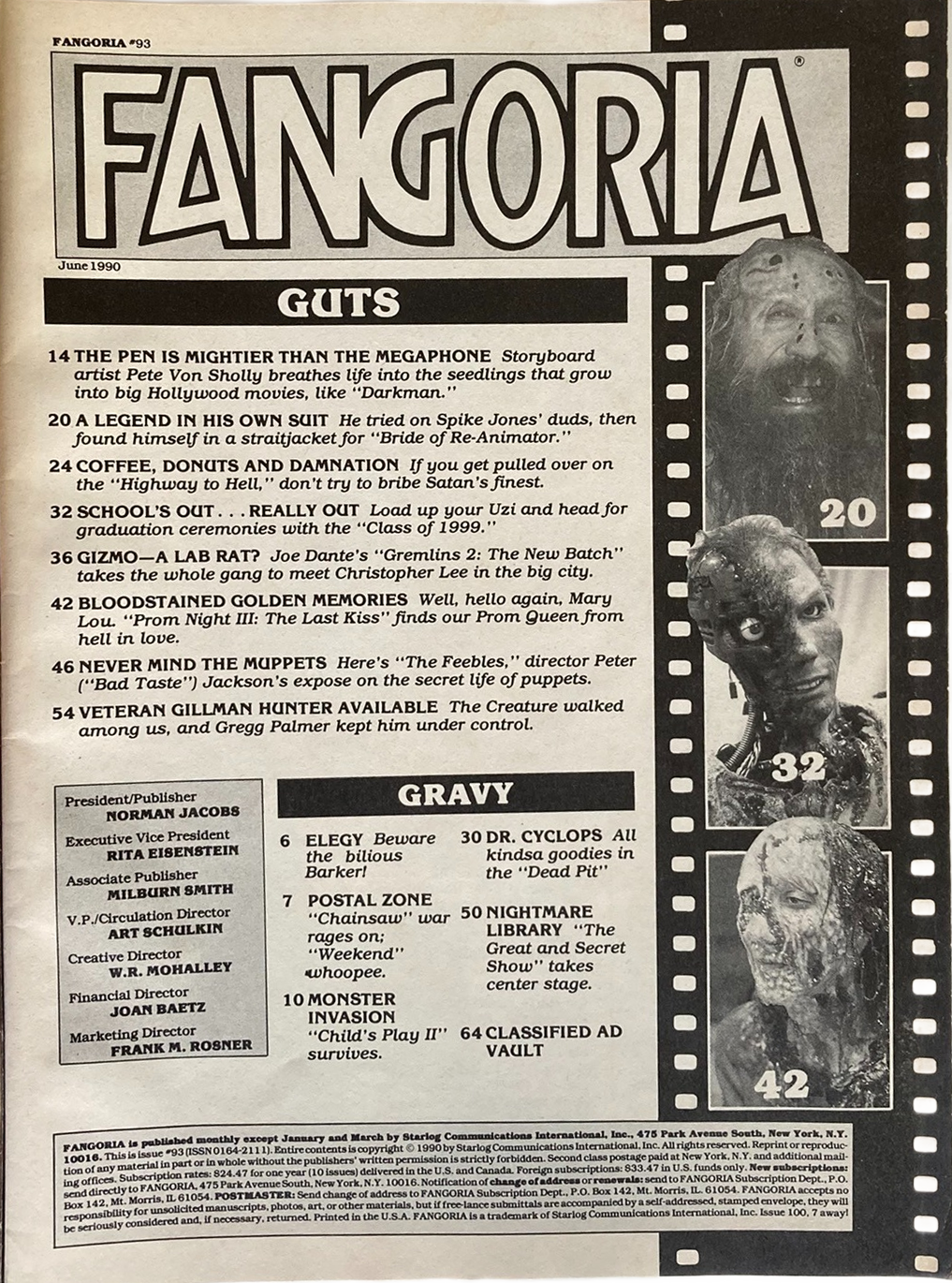 Fangoria Magazine #93 cover page featuring horror art and vintage grindhouse style text from June 1990 edition.