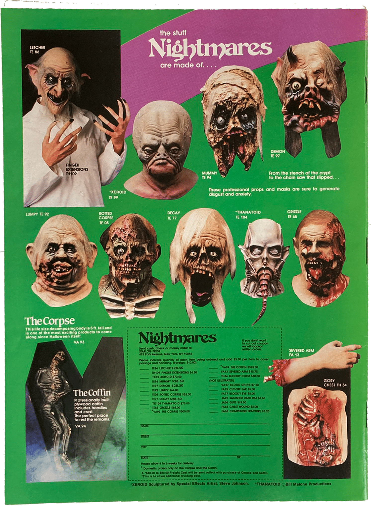 Fangoria Magazine #75 page showing vintage horror masks, props, and body effects with pricing and descriptions.