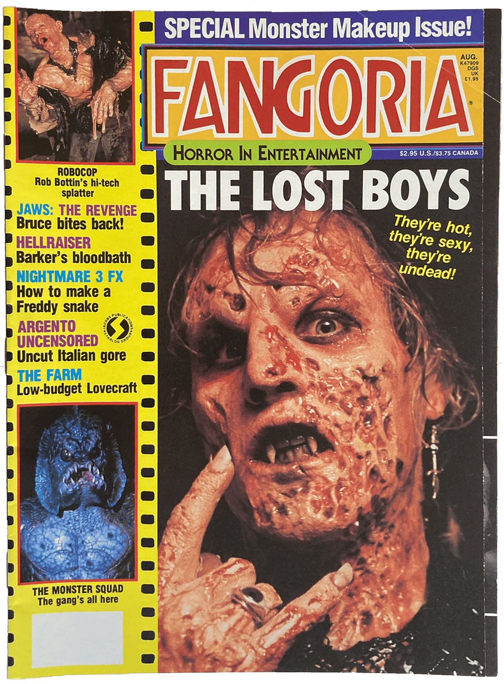 Fangoria Magazine #66 cover featuring a grotesque horror character from The Lost Boys and vintage monster movie headlines.