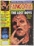 Fangoria Magazine #66 cover featuring a grotesque horror character from The Lost Boys and vintage monster movie headlines.