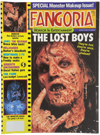 Fangoria Magazine #66 cover featuring a grotesque horror character from The Lost Boys and vintage monster movie headlines.