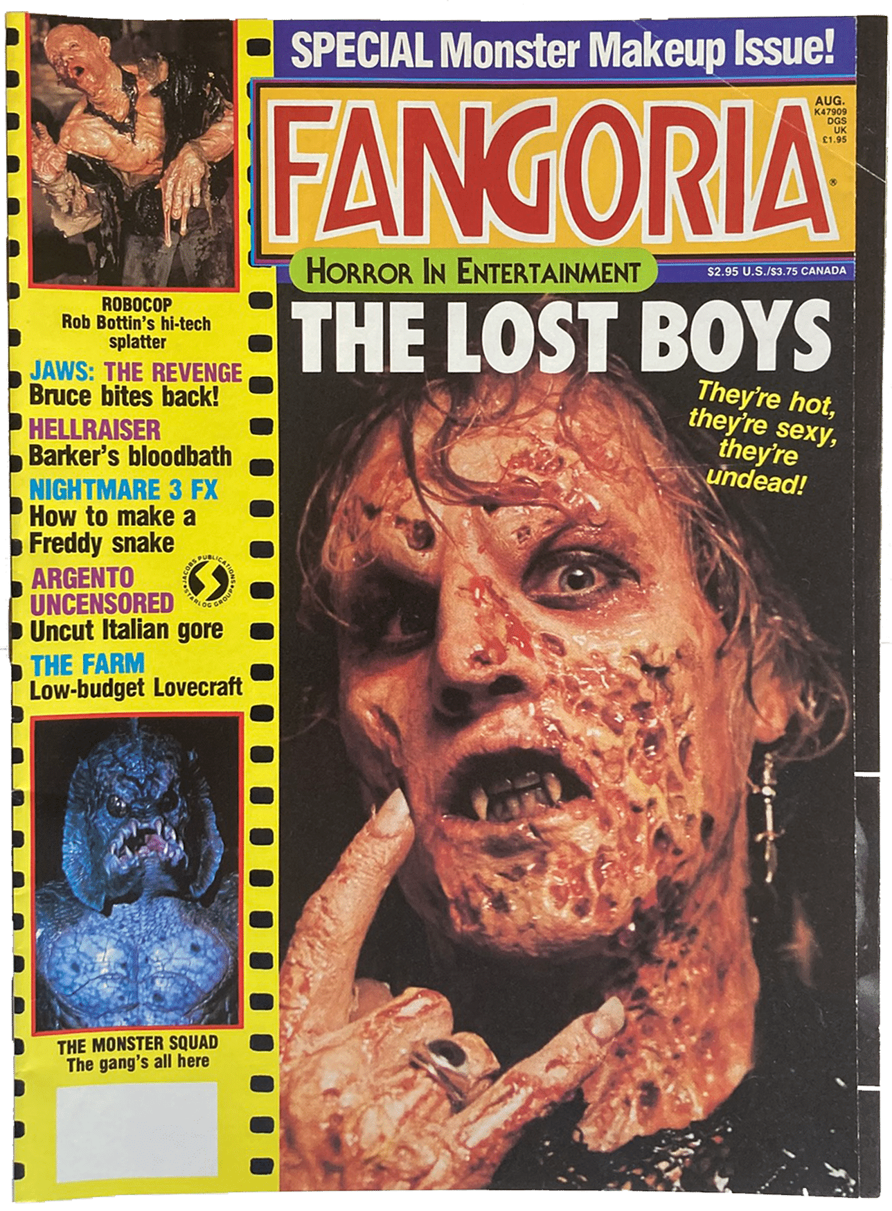 Fangoria Magazine #66 cover featuring a grotesque horror character from The Lost Boys and vintage monster movie headlines.