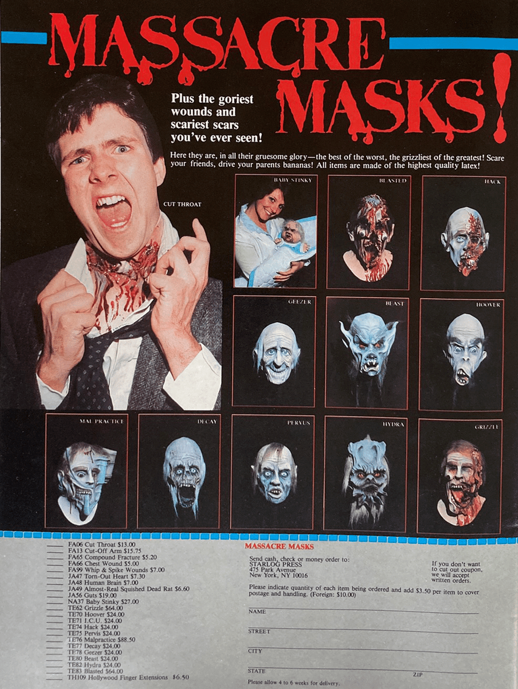 Fangoria Magazine #66 page featuring gore-filled vintage grindhouse style Massacre Masks horror masks advertisement.