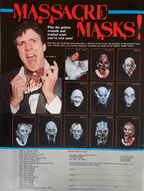 Fangoria Magazine #66 page featuring gore-filled vintage grindhouse style Massacre Masks horror masks advertisement.