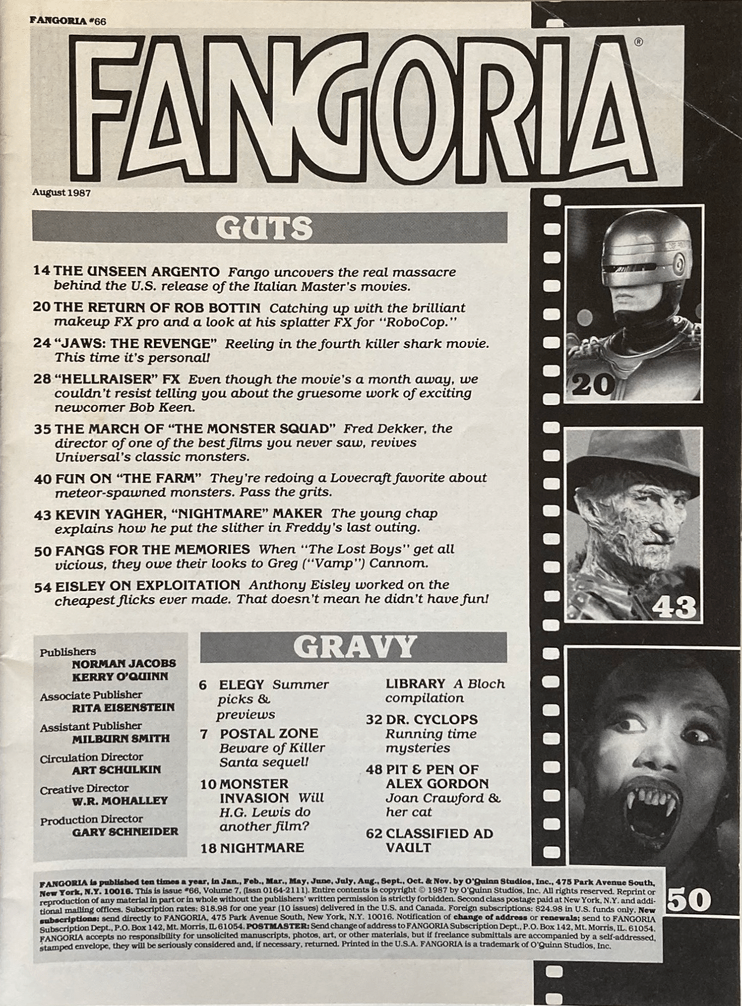 Fangoria Magazine #66 cover page from August 1987 featuring horror film articles and vintage grindhouse style content.